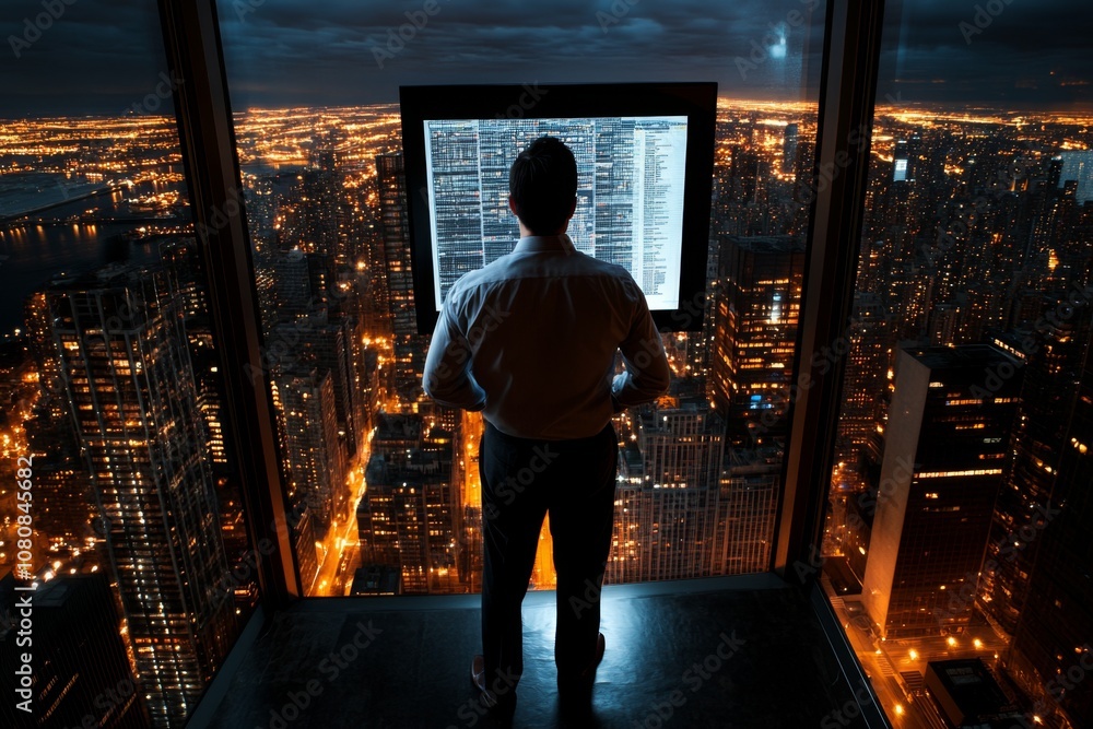 Fototapeta premium Executive viewing a financial presentation on a large monitor modern workspace with city view