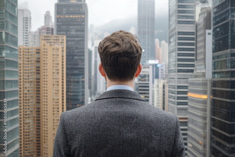 A man in suit stands overlooking city skyline, surrounded by tall buildings and misty atmosphere. scene conveys sense of contemplation and ambition A man in suit stands overlooking city skyline, surrounded by tall buildings and misty atmosphere. scene conveys sense of contemplation and ambition