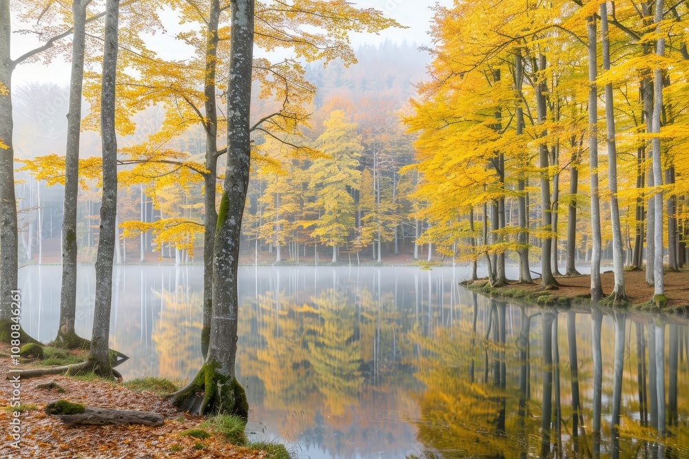 A forest with a lake in the background A forest with a lake in the background