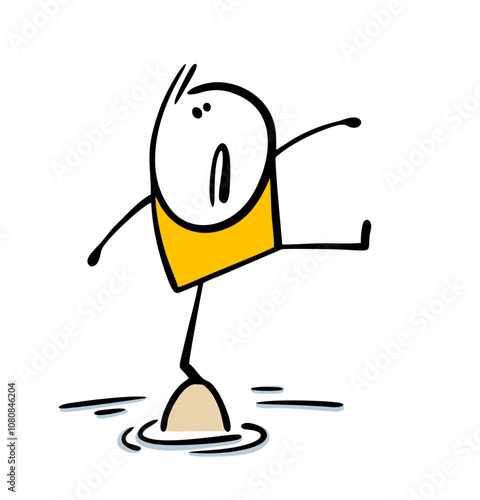 Cute unhappy child is balancing on one leg in the middle of a swamp. Vector illustration of a man standing on a hummock in the water. and he tries not to fall. Isolated character on white background.