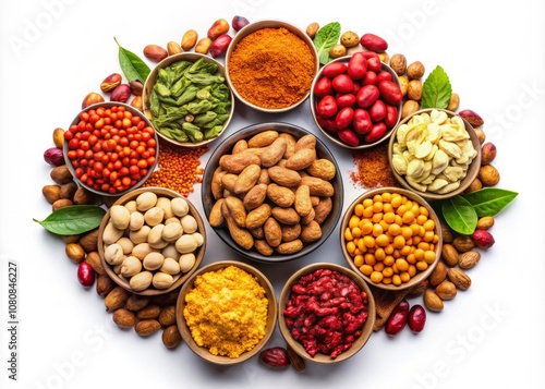 Colorful Arrangement of Various Spices, Nuts, and Herbs on a White Background Perfect for Culinary Illustrations and Food Photography