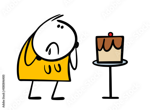 Disgruntled fat woman looks at a chocolate cake and drools. Vector girl can not eat dessert, protects her figure, diets, suffers. Isolated csrtoon  female character on white background.