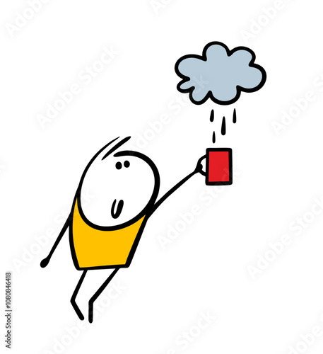 Funny child pulls his hand with a mug under the cloud and collects rainwater for drinking. Vector illustration of a cartoon stickman and a cloud in the sky. Isolated child    on white background.