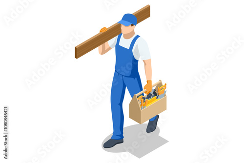 Isometric male carpenter carries wooden beams on his shoulder and holds a wooden toolbox with a set of carpentry tools in his hand. Woodworking tools