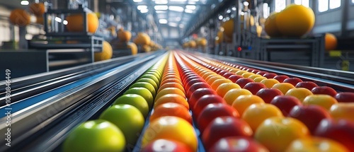 A vibrant production line showcasing a variety of colorful fruits moving along a conveyor belt in a modern facility, symbolizing efficiency and abundance. photo