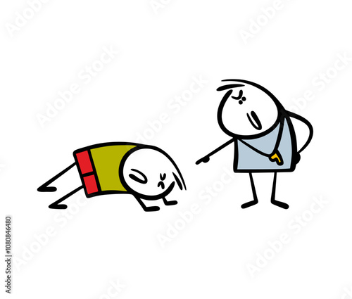 athlete,  bad mood, bleak, book illustration, boy, caricature, cartoon, cheerful, child, child. student, childhood, clipart, coach, comic character, competition, cruel method, discontented, doodle