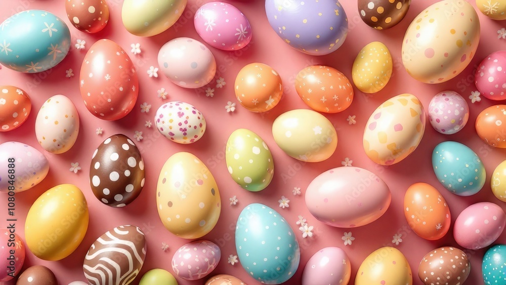 Vibrant Easter pattern featuring colorful and chocolate Easter eggs arranged on a lush green background, creating a cheerful and festive atmosphere Vibrant Easter pattern featuring colorful and chocolate Easter eggs arranged on a lush green background, creating a cheerful and festive atmosphere