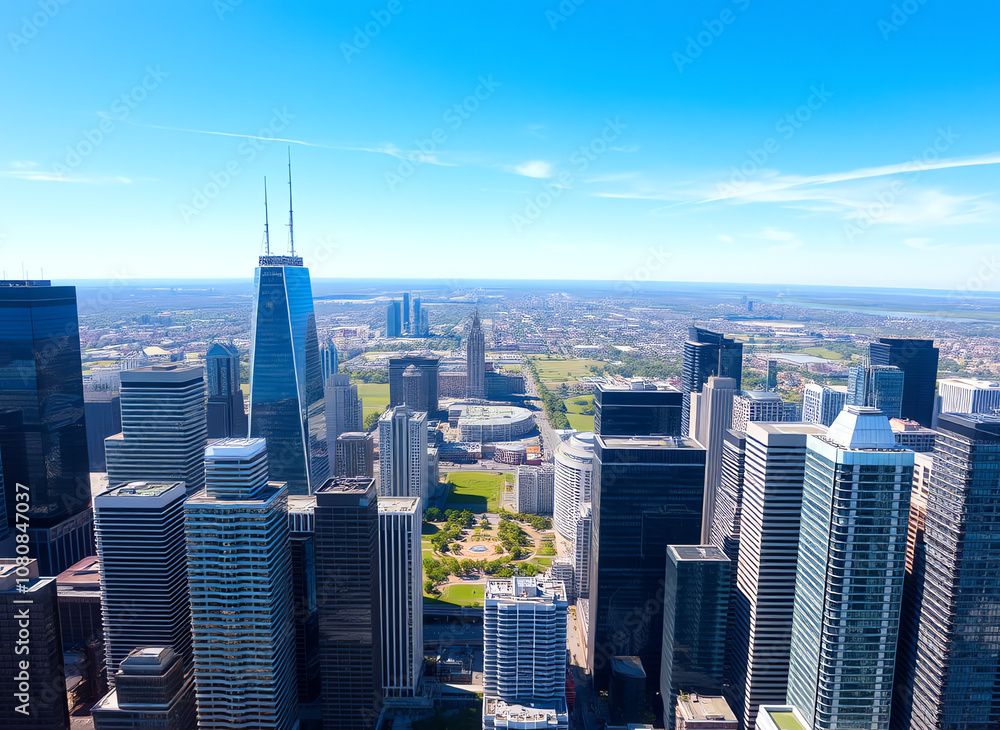 Naklejka premium Aerial view of a modern city skyline showcasing tall buildings and expansive green parks under a clear blue sky