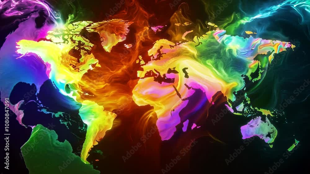 Abstract map of continents. Globalization and geopolitics in high-tech world of future. 3D of communications and data exchange in a virtual network. Bright, juicy, neon colors Video Abstract map of continents. Globalization and geopolitics in high-tech world of future. 3D of communications and data exchange in a virtual network. Bright, juicy, neon colors Video