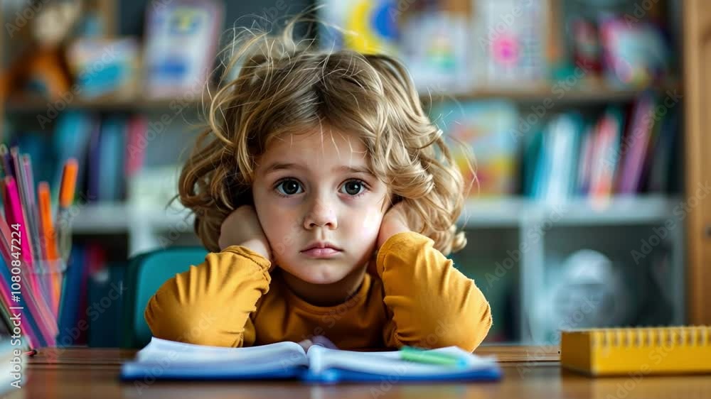 A young child with curly hair looks disinterested while resting their head on their hands at a desk. The surroundings indicate a vibrant classroom atmosphere filled with books. A young child with curly hair looks disinterested while resting their head on their hands at a desk. The surroundings indicate a vibrant classroom atmosphere filled with books.