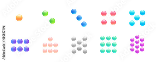 A set of images of numbers in the form of groups of multi-colored balls from one to ten. Suitable for teaching children counting and arithmetic.