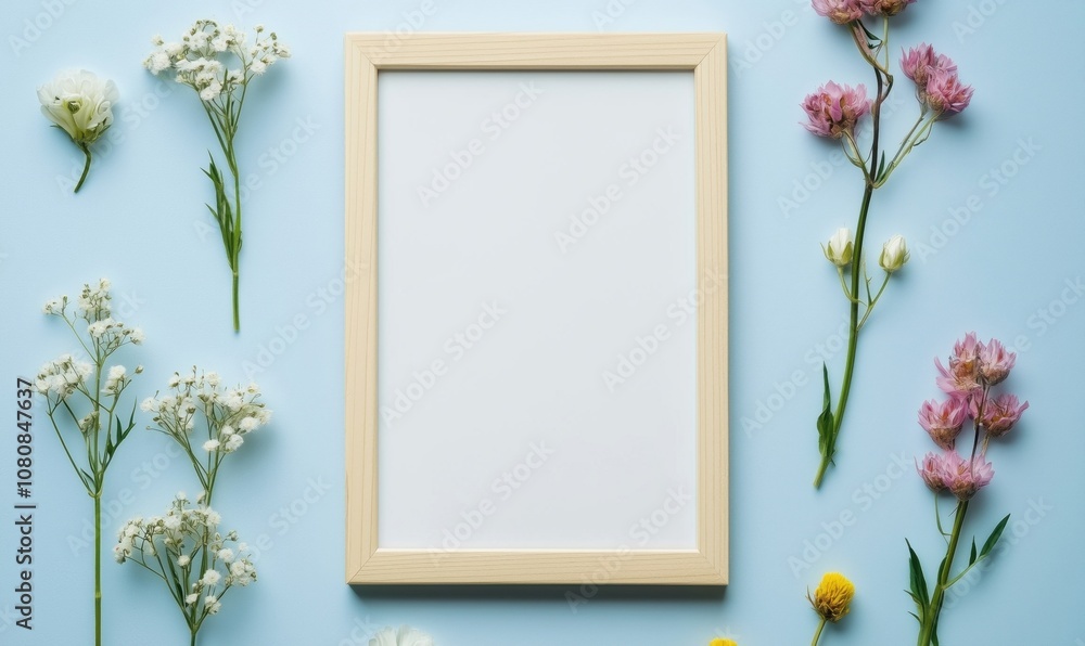 Floral arrangement with empty frame, delicate flowers surrounding blank picture frame, pastel blue background, creative display Floral arrangement with empty frame, delicate flowers surrounding blank picture frame, pastel blue background, creative display
