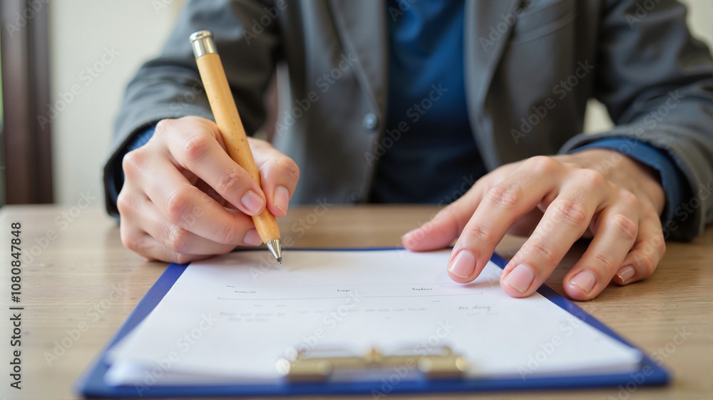 Person writing on clipboard Person writing on clipboard