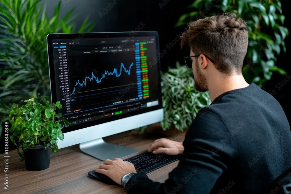 Investor at a computer with stock charts and financial indicators corporate setting Investor at a computer with stock charts and financial indicators corporate setting