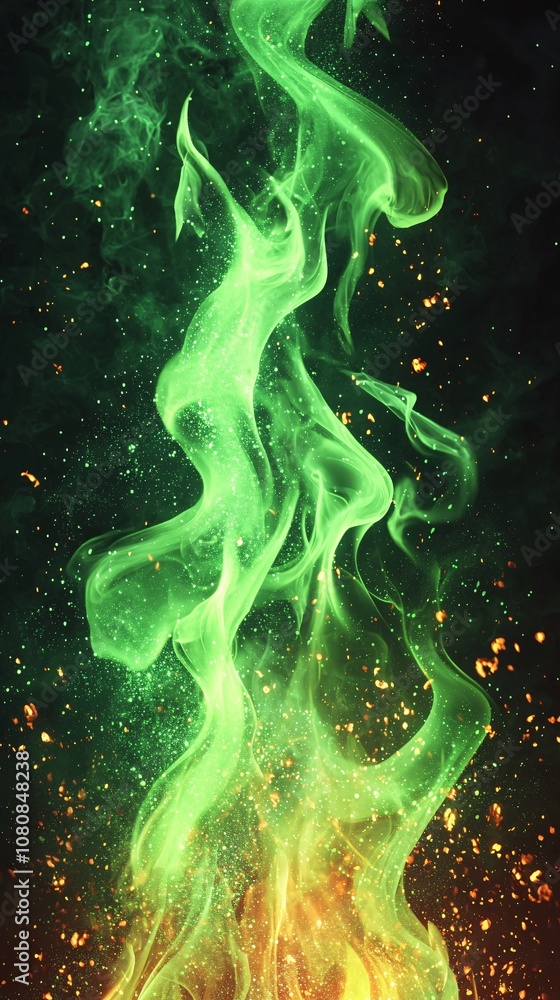 A mesmerizing swirl of green smoke showcases the beauty of fire and light. This artistic representation brings a mystical atmosphere to any design. A mesmerizing swirl of green smoke showcases the beauty of fire and light. This artistic representation brings a mystical atmosphere to any design.