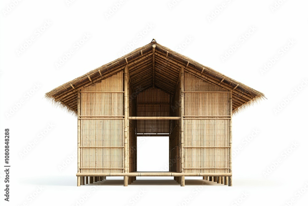 A small, thatched bamboo hut on stilts. A small, thatched bamboo hut on stilts.