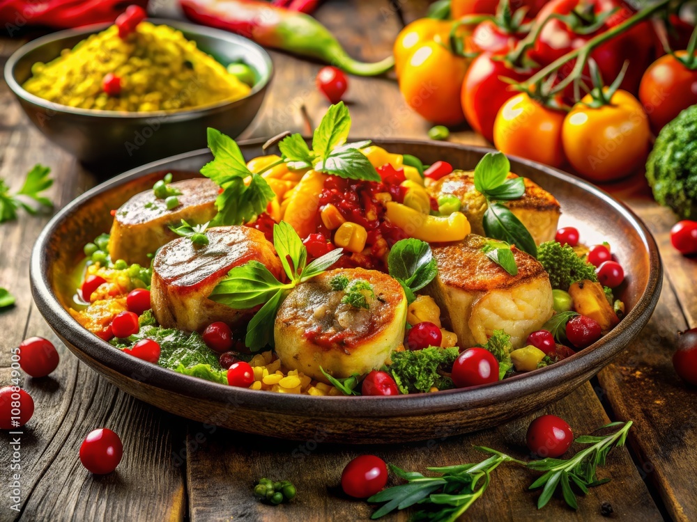 Tempting and Delicious Dish with Vibrant Colors and Textures, Featuring Fresh Vegetables and Aromatic Herbs on a Wooden Table Tempting and Delicious Dish with Vibrant Colors and Textures, Featuring Fresh Vegetables and Aromatic Herbs on a Wooden Table