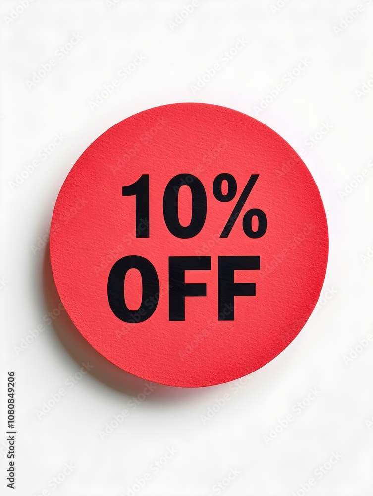 Black '10% OFF' Text on a Red Round Paper Note. White Background Black '10% OFF' Text on a Red Round Paper Note. White Background