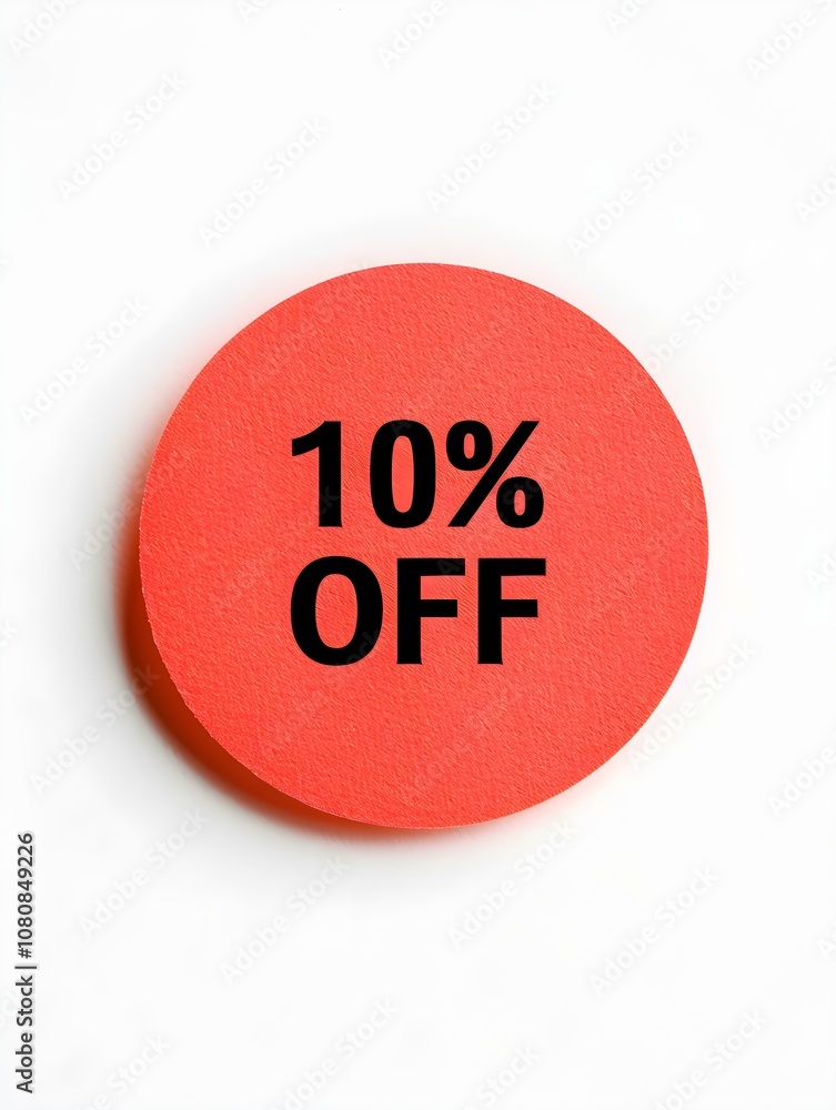 Black '10% OFF' Text on a Red Round Paper Note. White Background Black '10% OFF' Text on a Red Round Paper Note. White Background