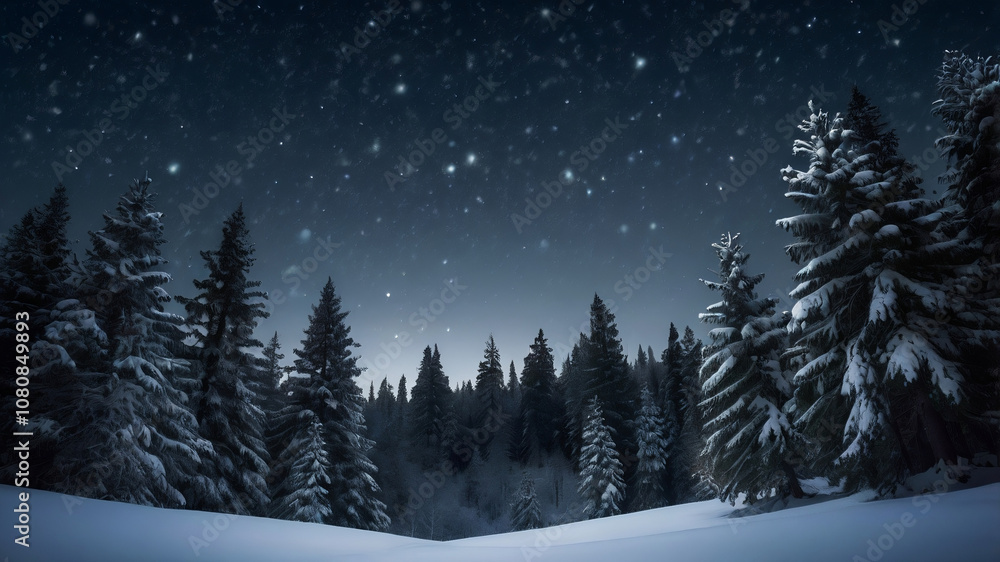 Majestic Snowy Pine Forest Under Starry Night Sky Majestic Snowy Pine Forest Under Starry Night Sky