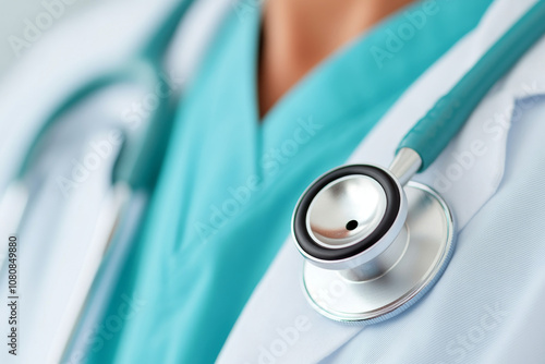 A close up view of stethoscope resting on medical professionals scrubs, symbolizing healthcare and compassion. image conveys sense of trust and professionalism in medical field