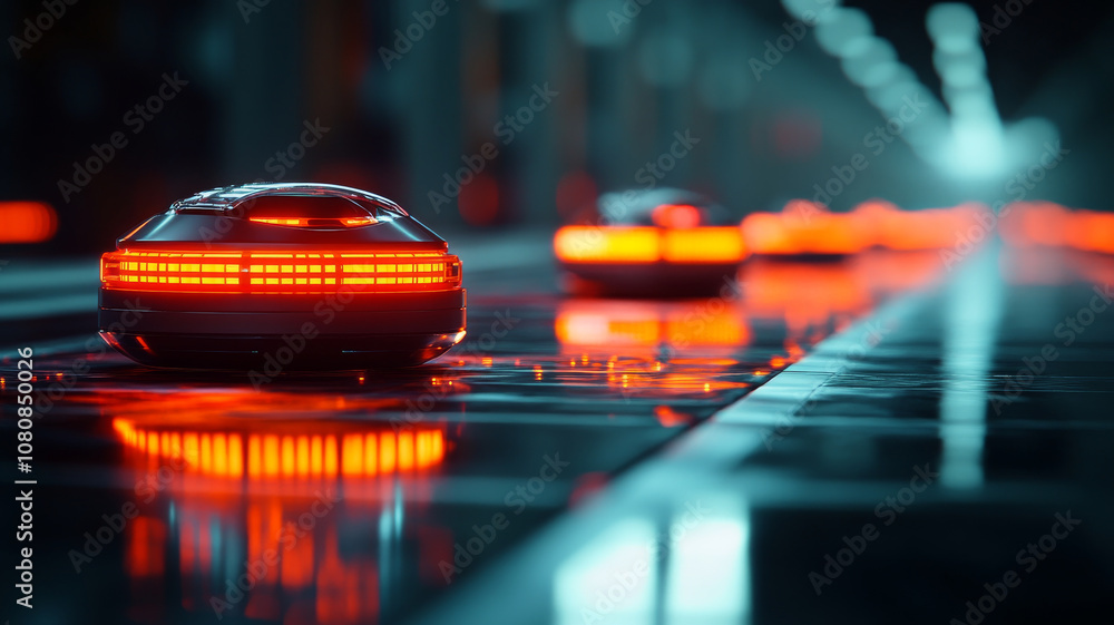 Futuristic glowing vehicles with vibrant red lights are lined up in sleek, modern environment, creating captivating and high tech atmosphere Futuristic glowing vehicles with vibrant red lights are lined up in sleek, modern environment, creating captivating and high tech atmosphere