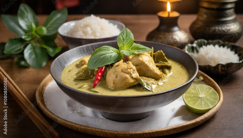 Spicy Thai Green Curry With Tender Chicken Pieces, Coconut Milk, and Fresh Basil, Served With Steamed Jasmine Rice on a Traditional Thai Dinner Table Setting Spicy Thai Green Curry With Tender Chicken Pieces, Coconut Milk, and Fresh Basil, Served With Steamed Jasmine Rice on a Traditional Thai Dinner Table Setting