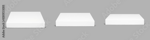 3d white podium. Square platform for product display. Blank block stage with shadow perspective mockup template. Gray realistic studio base for award or cosmetic presentation. Marble showroom floor.