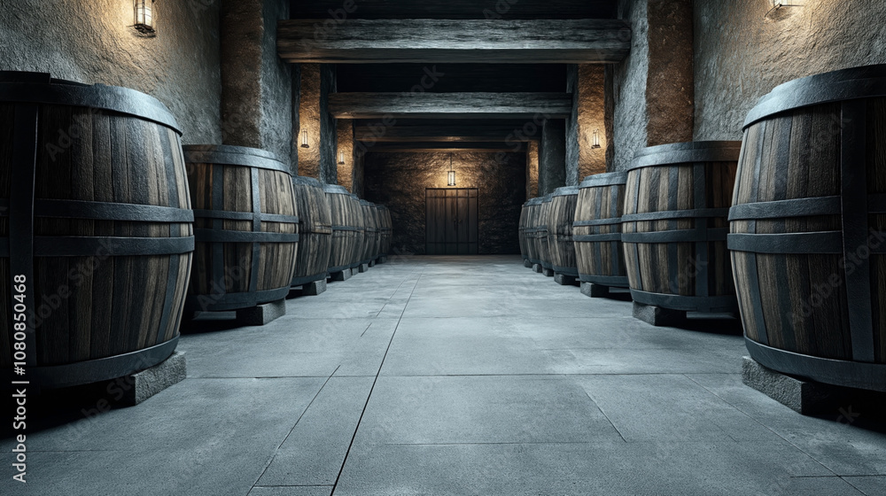 Wooden wine barrels lined up in a rustic stone cellar with dim lighting and a wooden door at the end of the corridor. Wooden wine barrels lined up in a rustic stone cellar with dim lighting and a wooden door at the end of the corridor.