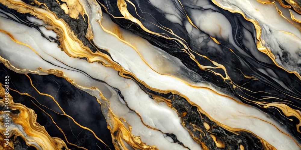 Obraz premium Elegant Black and White Marble Texture Intertwined with Rich Gold Veins for Luxurious Interiors and Modern Art Designs