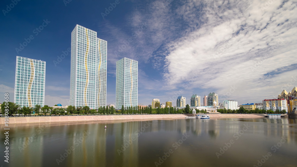 Ishim River with modern towers of residential complex timelapse hyperlapse in Astana Ishim River with modern towers of residential complex timelapse hyperlapse in Astana