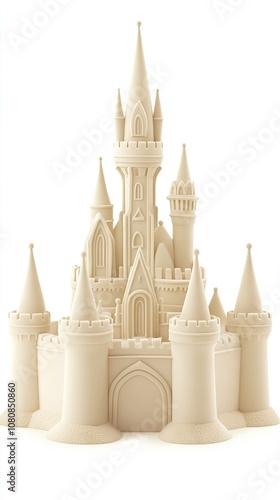 A whimsical sand castle stands alone, showcasing intricate designs and a magical charm that evokes animated adventures