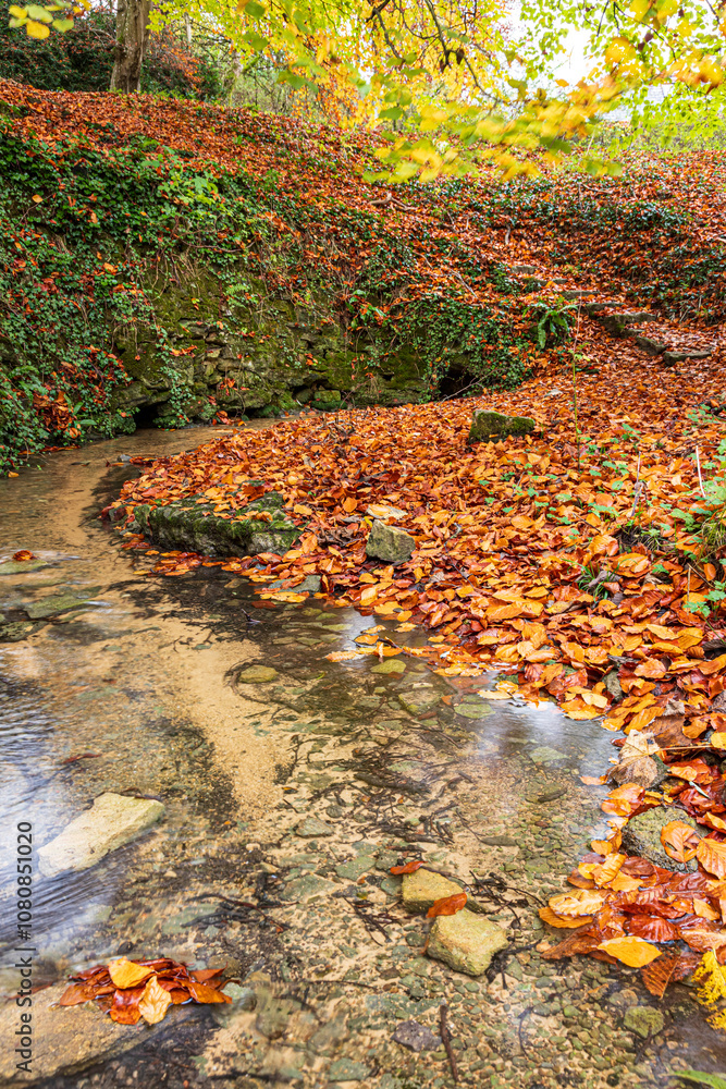 The spring marking the source of the River Churn at Seven Springs near the Cotswold village of Coberley, Gloucestershire, England UK - The furthest head water of the River Thames