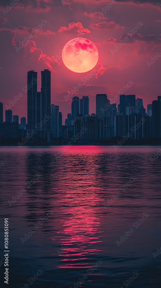 A large red moon rises over a city skyline reflected in the water. A large red moon rises over a city skyline reflected in the water.