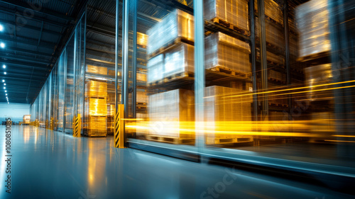 Efficient warehouse storage with stacked pallets and motion blur  showcasing modern industrial environment. scene captures essence of logistics and inventory management