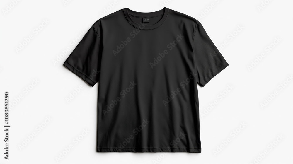 Plain black short-sleeve t-shirt with a round neckline displayed on a white background. Plain black short-sleeve t-shirt with a round neckline displayed on a white background.