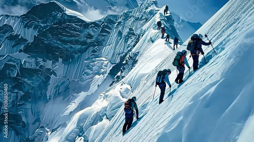Group of people are climbing a mountain. Concept of adventure and determination as the group of climbers make their way up the steep slope