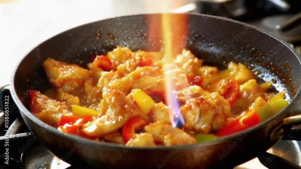 Close-Up of Sizzling Diced Chicken and Peppers Over Flame – Warm, Cinematic Cooking Shot Close-Up of Sizzling Diced Chicken and Peppers Over Flame – Warm, Cinematic Cooking Shot