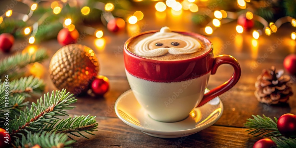 Festive Coffee Cup with Santa Latte Art Surrounded by Christmas Decorations and Twinkling Lights for a Cozy Holiday Atmosphere Festive Coffee Cup with Santa Latte Art Surrounded by Christmas Decorations and Twinkling Lights for a Cozy Holiday Atmosphere