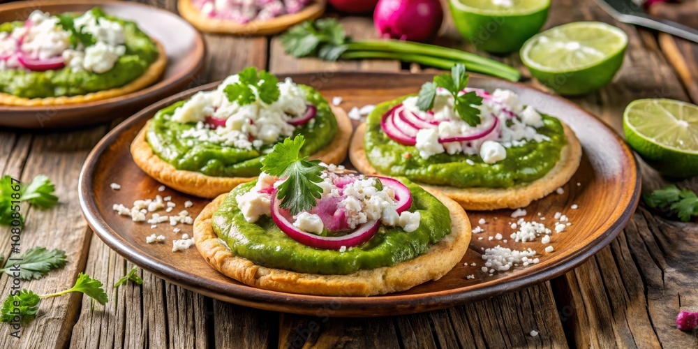 Delicious Sopes with Green Sauce, Fresh Cheese, Onions, and Radishes Served on a Wooden Plate Garnished with Cilantro and Lime Slices Delicious Sopes with Green Sauce, Fresh Cheese, Onions, and Radishes Served on a Wooden Plate Garnished with Cilantro and Lime Slices