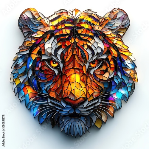 Tiger head illustration in vibrant stained glass mosaic style with bold colors like orange, blue, and yellow, capturing fierce expression and intricate geometric patterns photo