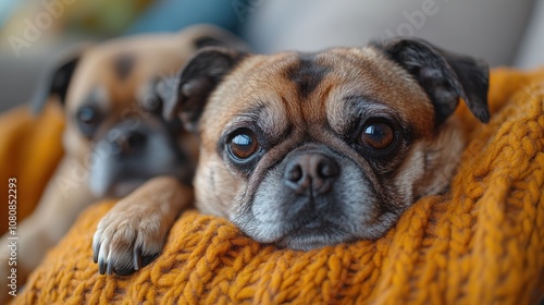 Two small brown dogs, one with short fur and one with longer fur, rest their heads on a mustard yellow blanket. photo