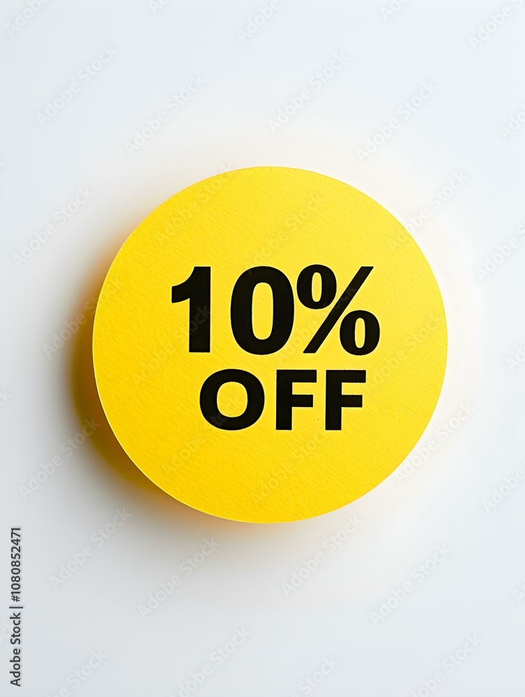 Black '10% OFF' Text on a Yellow Round Paper Note. White Background Black '10% OFF' Text on a Yellow Round Paper Note. White Background