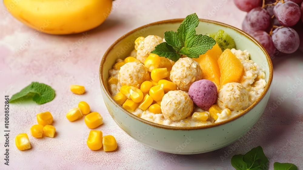Tasty breakfast with oatmeal, corn balls and fruits on lilac background Tasty breakfast with oatmeal, corn balls and fruits on lilac background