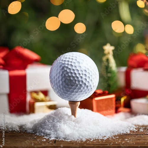 Golf ball Christmas morning background, holiday golfing winter concept photo