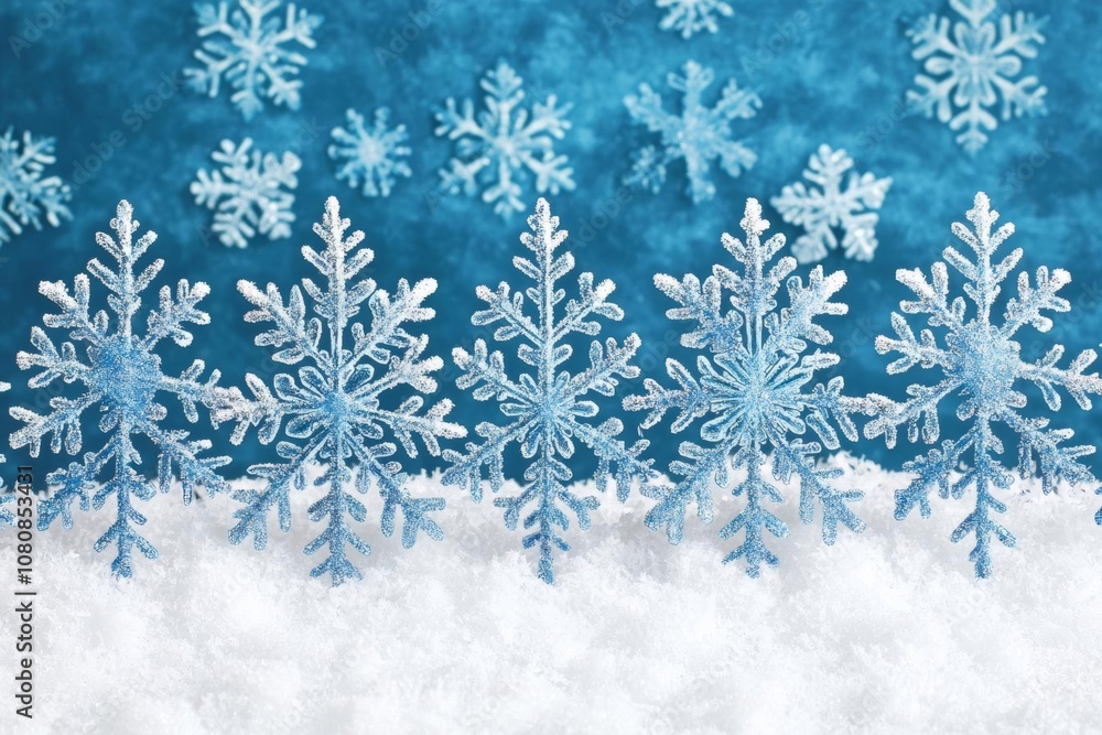 hyper realistic photo of  Snowflake on Snow, Blue Snow Flake Crystals Winter Background , isolated on white background,  , copy space, copy space for text,