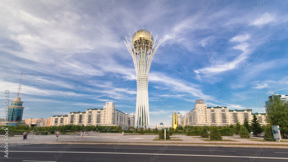 Fototapeta premium Bayterek timelapse hyperlapse. It is a monument and observation tower in Astana. Main symbol of city.