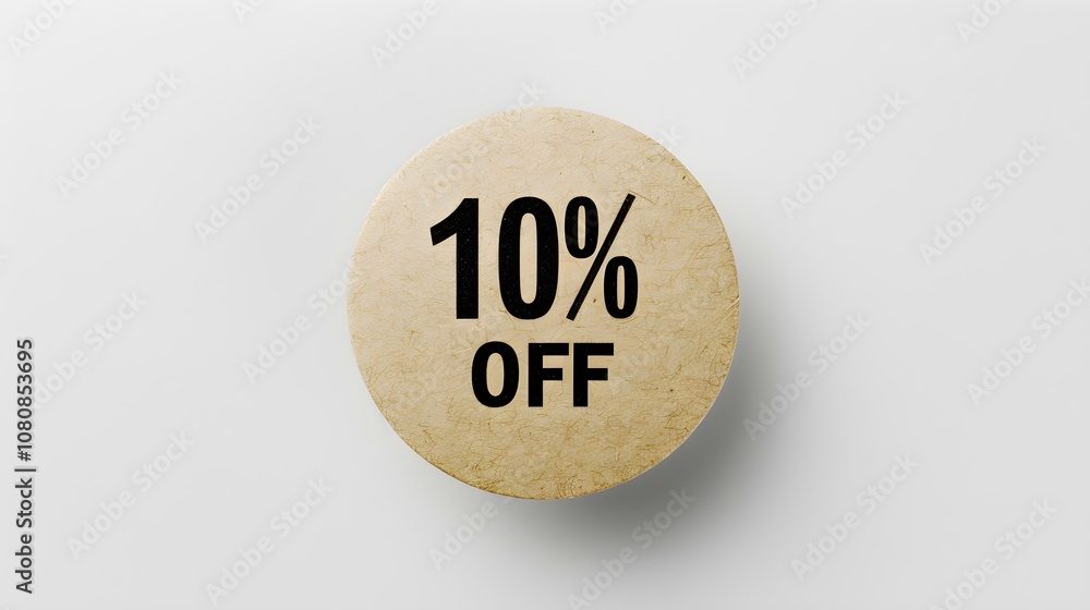 Black '10% OFF' Text on a Beige Round Paper Note. White Background with Copy Space Black '10% OFF' Text on a Beige Round Paper Note. White Background with Copy Space
