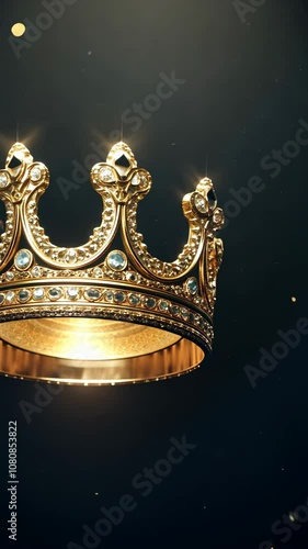Golden crown rotating with falling glitter
