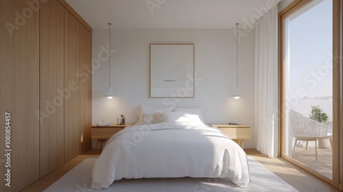 A serene bedroom featuring white bed, wooden accents, and large windows that invite natural light. minimalist design creates calming atmosphere, perfect for relaxation